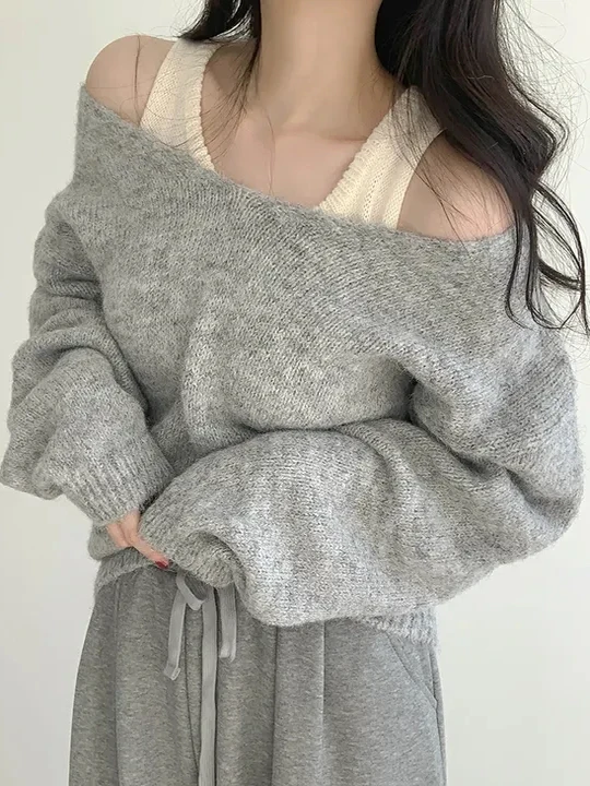 Conjunto de Suéter de Punto Suave y Acogedor con Hombros Descubiertos para Mujer, Conjunto de Dos Piezas Hoado, Moderno par...