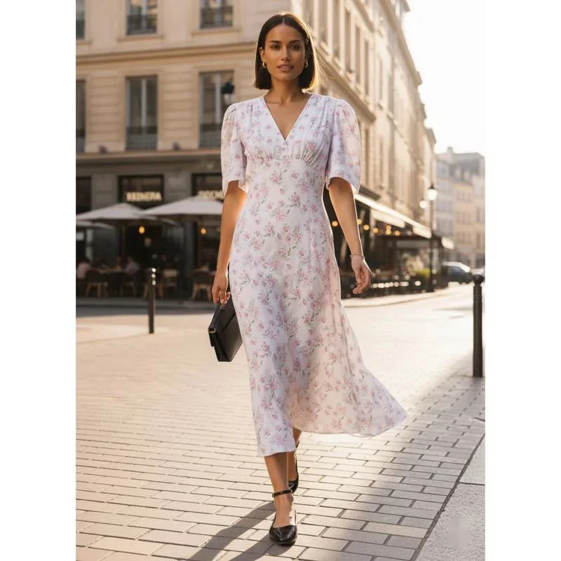 Floral Print Women's Long Dress V Neck Short Puff Sleeve High Waist Midi Dress Summer Casual Elegant Cottagecore Vacation Wear