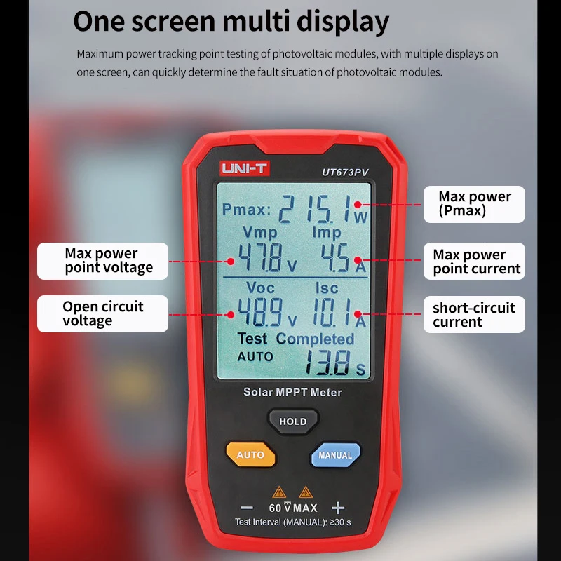 Imagem -02 - Medidor Solar Mppt Tester Potência Máxima Painéis Fotovoltaicos Rastreador Pico de Tensão de Circuito Aberto Pmax Lmp Voc Teste Lsc Ut673pv Uni-t-ut673pv