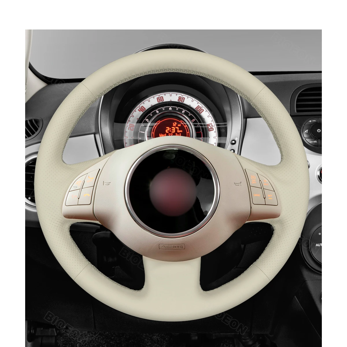 Bioeon Beige PU Artificial Leather Steering Wheel Cover for Fiat 500 2007-2015  Fiat 500e 2014-2018  Fiat 500C 2014-2017