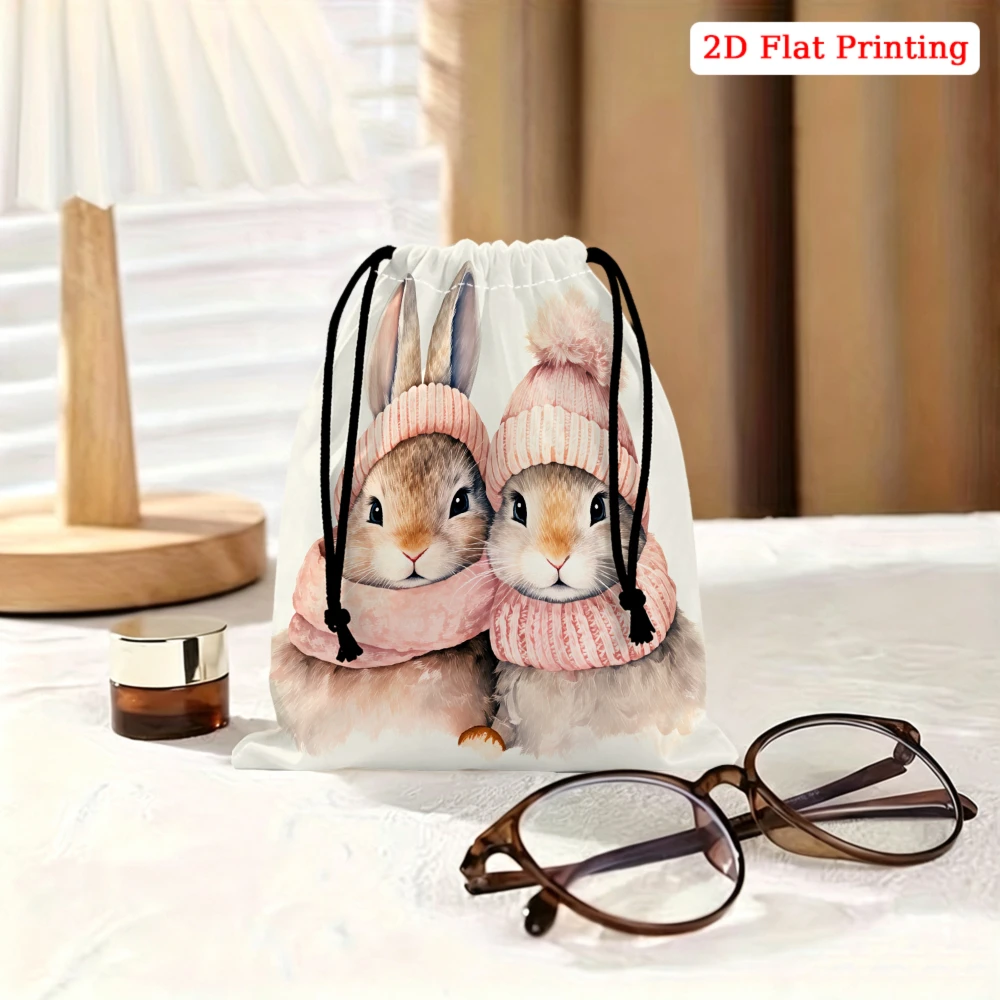 1pc Cute Rabbit Print Drawstring Bag White 2d Flat Printing Storage Small Pouch For Glasses Cosmetics Jewelry Travel Organizer P