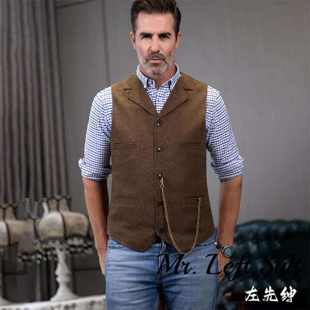 Mens Suit Vest Waistcoat Tweed Retro V Neck Wool Herringbone for Prom