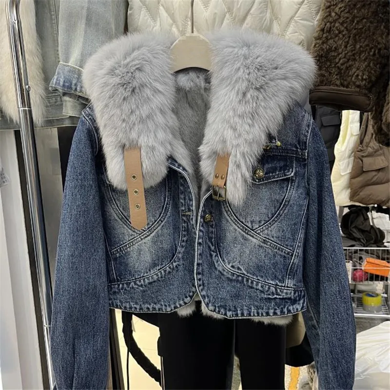 Winter Women's Short denim jacket 2023 New Warm Real Natural fur coat female fox fur collar Outerwear parkas Y4509