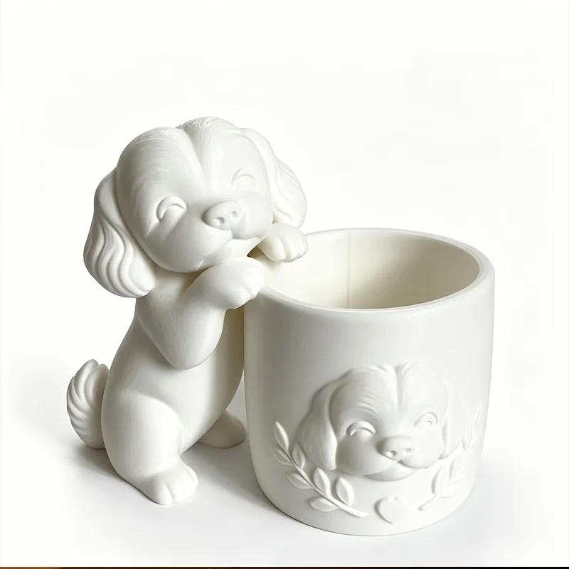 3D Printed White Cute Maltese Dog Succulent Planter Embossed Puppy Pattern Flower Adorable Animal Desktop Plant Container Decor