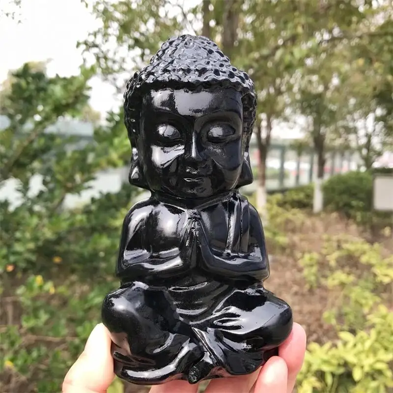 

15cm Natural Black Obsidian Buddha Figurine Polished Gemstones Healing Fengshui Crafts Home Desktop Decor Gift 1pcs