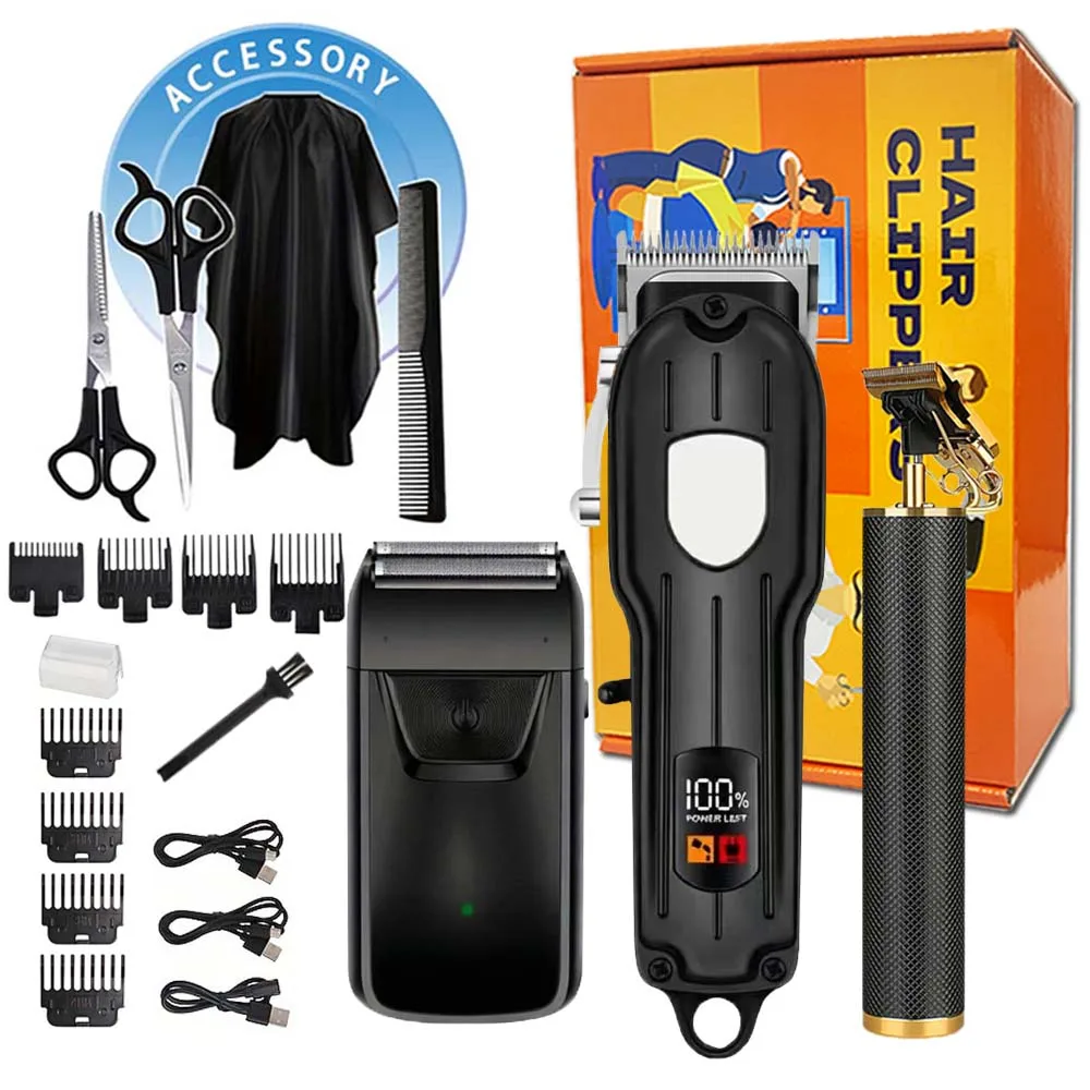 Professional Hair Clipper Set with LCD Display, Rechargeable Electric Trimmer for Men, Includes T-Outliner, Foil Shaver, Guide Combs & Accessories