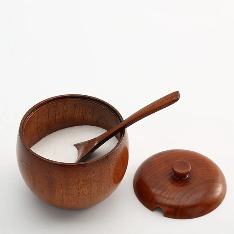 Wooden Salt Cellar Sugar Bowl Pepper Box Salt Seasoning Container Storage Box with Lid and Spoon Wooden Spice Box spice jars