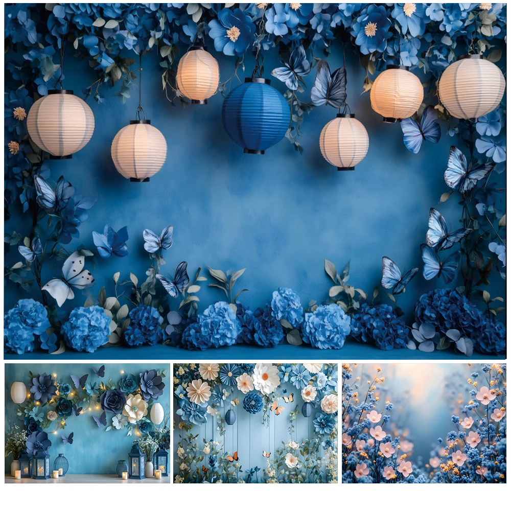 

Spring Blue White Flowers Photography Backdrop Blue Flower Butterfly Lanterns Baby Birthday Wedding Party Photo Background Decor