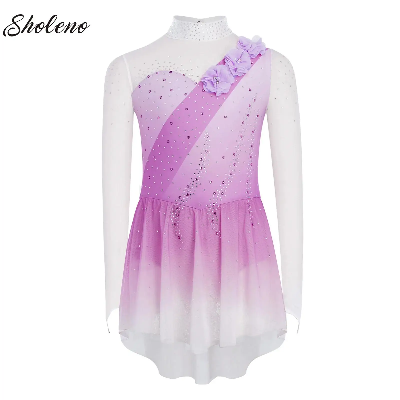 

Kids Girls 3D Flowers Lyrical Ballerina Dance Costume Cutout Back Sheer Mesh Long Sleeves Dress for Gymnastic Ice Skating Dance