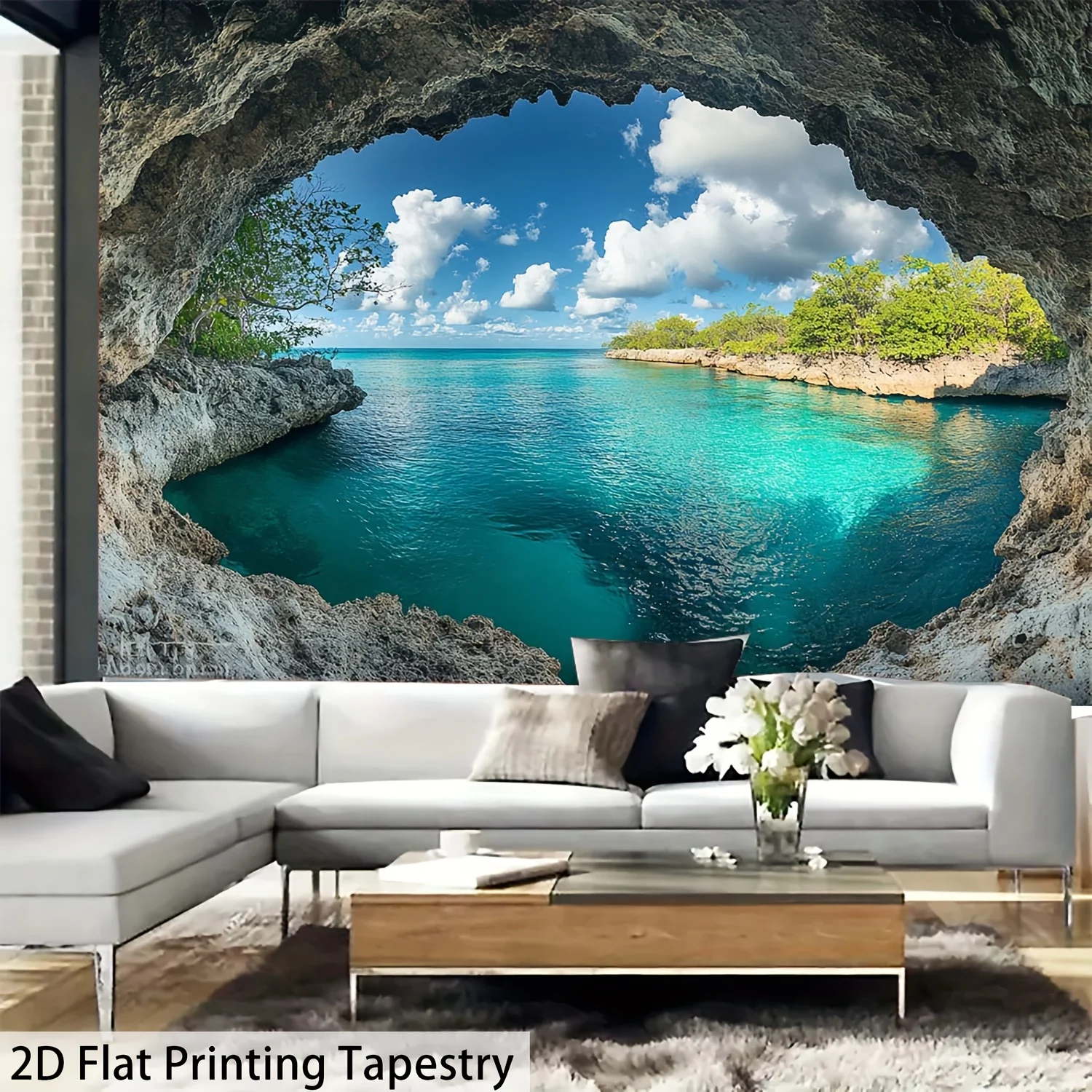 Cave Ocean View Tapestry Wall Hanging Tropical Sea Cliff Landscape Tapestry Boho Home Decor for Living Room Bedroom