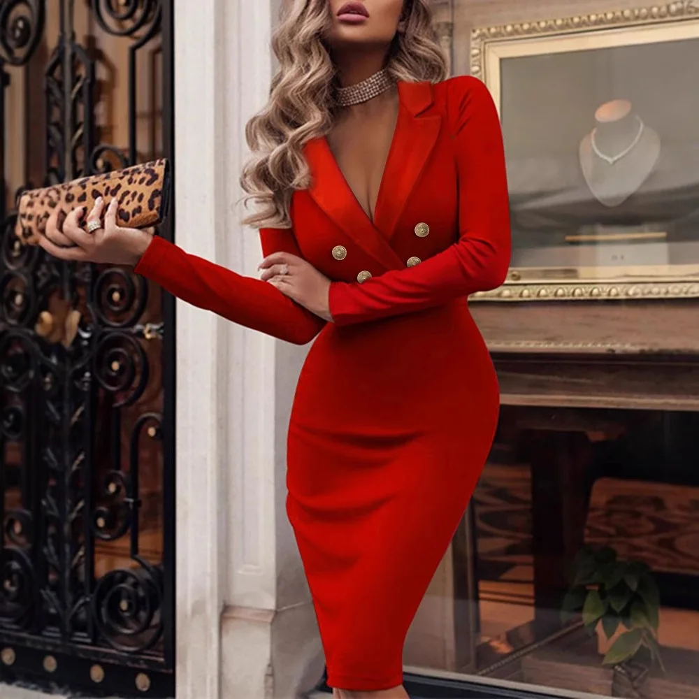 

Sexy Deep V-neck Long-sleeved Slim Dress Autumn Winter Fashion Solid Color Office Ladies Button Hip Female Party Mini Dress