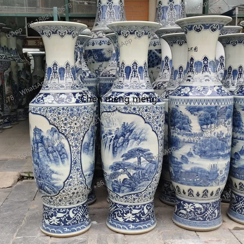 

Ceramic floor standing large vase hand-painted blue and white landscape antique gold bell vase ornament
