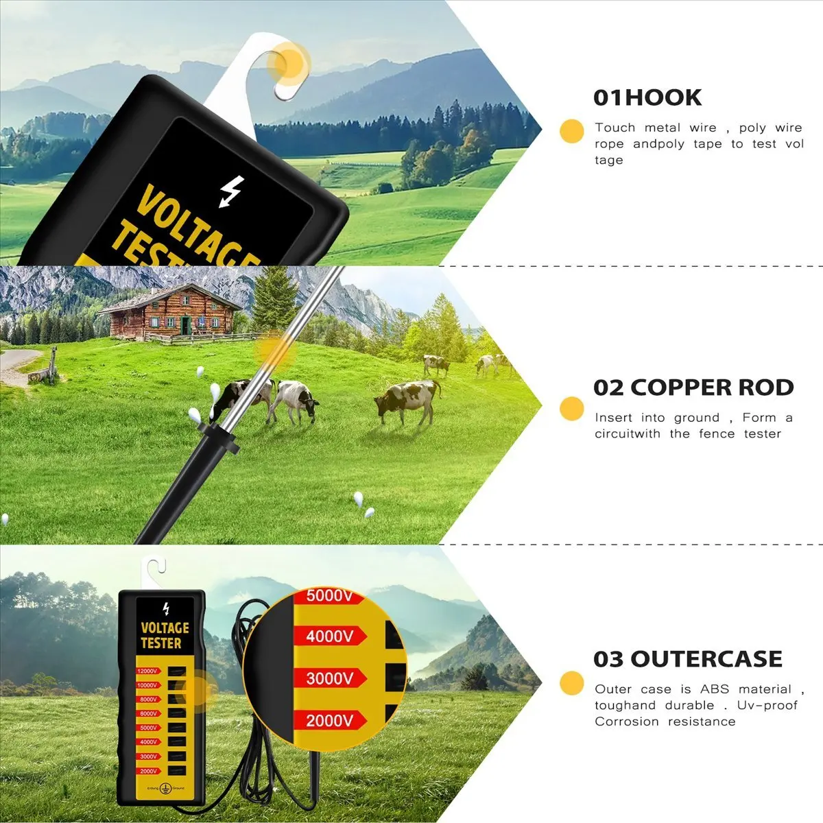 ABNH 12000V Farmer's Fence Voltage Testing Tool ,Electric Fence Voltage Tester,Yard Fencing Tester