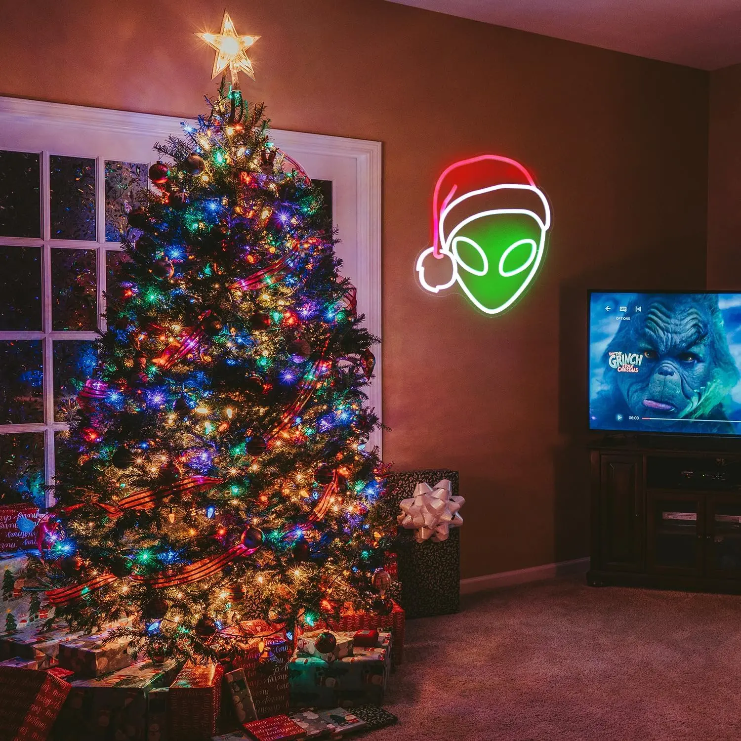 Enseigne au néon LED Père Noël Alien, lampe murale USB à intensité variable, décoration de salle de fête de Noël créative, chambre à coucher, bar, club, boutique