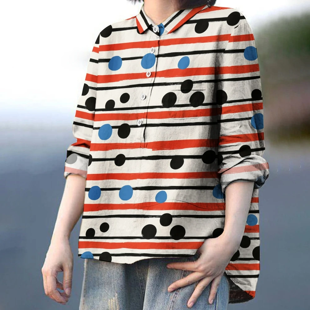 

Fashion Striped Polka Dot Printed Casual Shirt 2024 Trendy New Street Wear Women's Lapel Collar Multi-Pocket Design Luxury Shirt