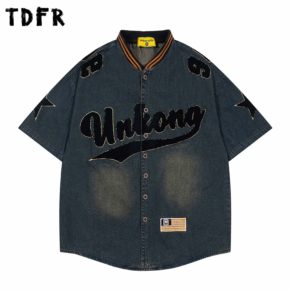 Letter Embroidery Denim Short Sleeve Shirts Mens Retro Streetwear Washed Distressed Spliced Stand Collar Single Breasted  Shirts