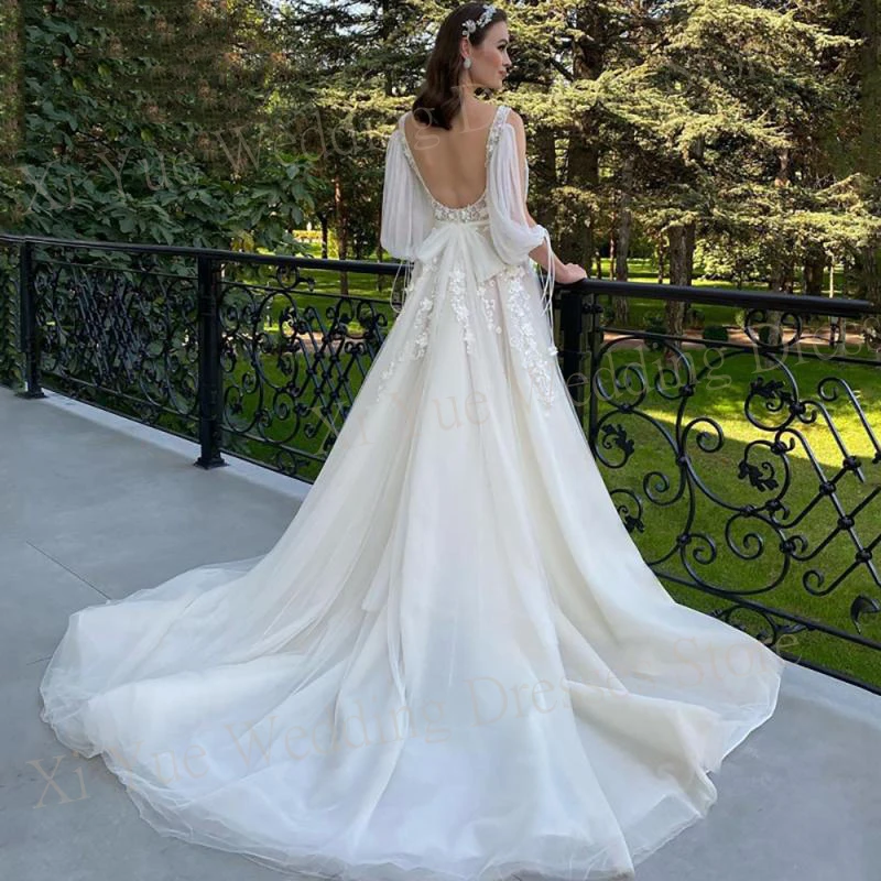 Bohemian Romantic A Line abiti da sposa da donna Sexy scollo A V profondo Appliques di pizzo abiti da sposa Backless Tulle Vestidos De Novias