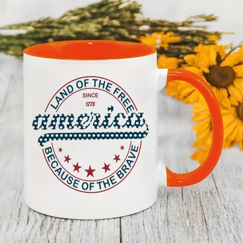 Land Of The Free Because Of The Brave America Print Ceramic Coffee Mug, 11oz 350ml Personalized Custom Colorful Print Mug, Micro