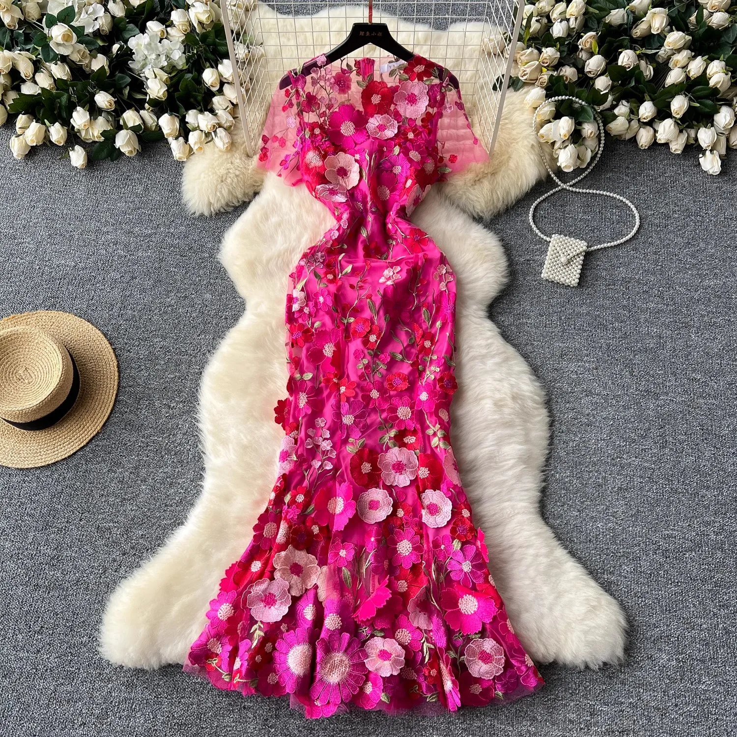 High End Summer Women Flower Embroidery Luxury O Neck Short Sleeve Bodycon Casual Party Holiday Office Evening Mermaid Dresses