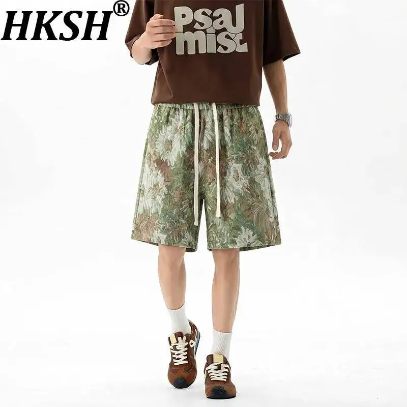 

HKSH Spring Summer New Men Tide Chic Ins Fashion Jacquard Loose Capris Straight Floral Shorts Vintage Knee-Length Pants HK23999
