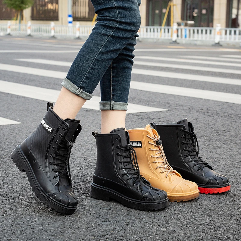 Botas de lluvia de tacón ueso a media pantorrilla y cortas a la moda para mujer, trabajo de cocina, ropa para adultos al ai...
