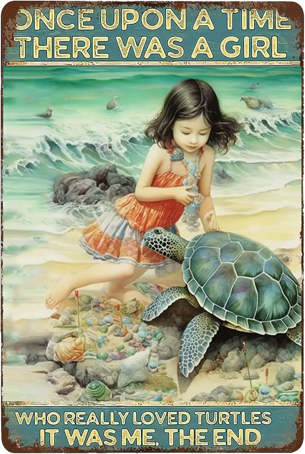 Ocean Turtle Tin Sign 8X12IN - Beach Theme Bathroom Wall Art with Shell Motifs for Coastal Home & Turtle Lover Gifts sign
