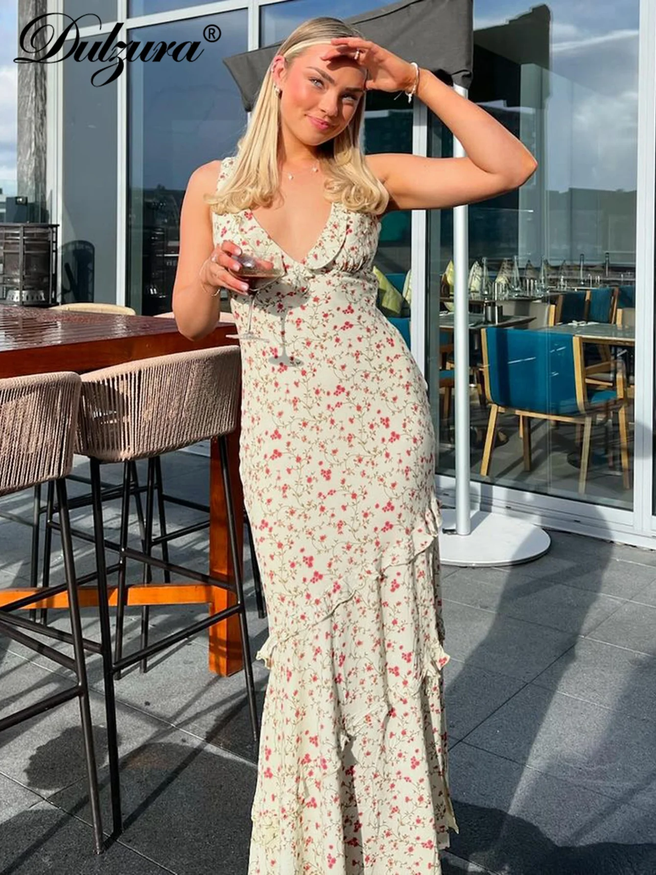 Dulzura المرأة الخامس الرقبة بلا أكمام Bodycon الجانب الشق الأزهار طباعة فستان ماكسي مثير أنيق فستان كاجوال نادي الحفلات الشارع الملابس