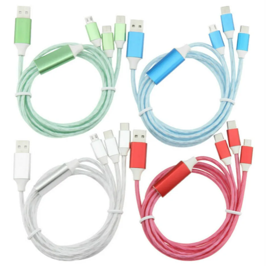 300pcs 1.2M LED Flowing 3 in 1 Micro USB Type C 8Pin Multi Charger Cable Fast Charging Wire Cord for iPhone Xiaomi Mobile Phones