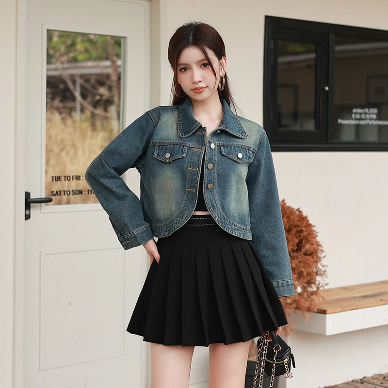 

2024 New Fashion Autumn Women's Denim Cropped Jacket Female Pockets Short Jean Jackets Ladies Button Casual Solid Coats