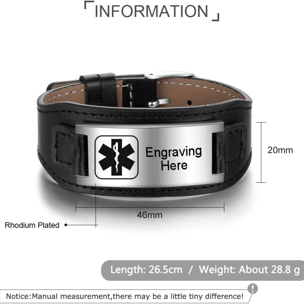 Fashionable Adjustable Leather Medical Alarm ID Bracelets Free Custom Carved Allergy Bangle Stainless Steel Wrist Strap