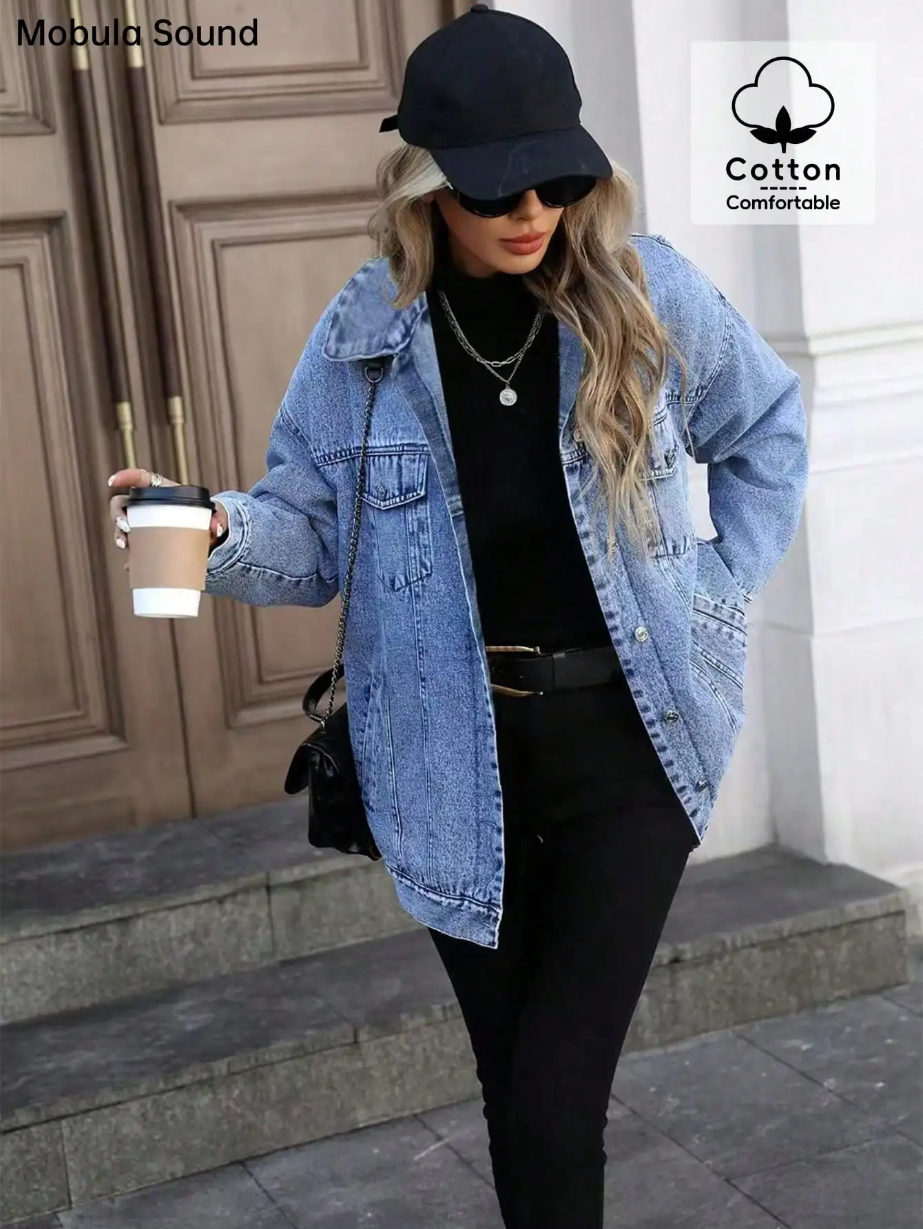 

Women's Y2K Denim Jacket, Casual Oversized College Style, Cotton Comfortable, Spring Autumn Wear