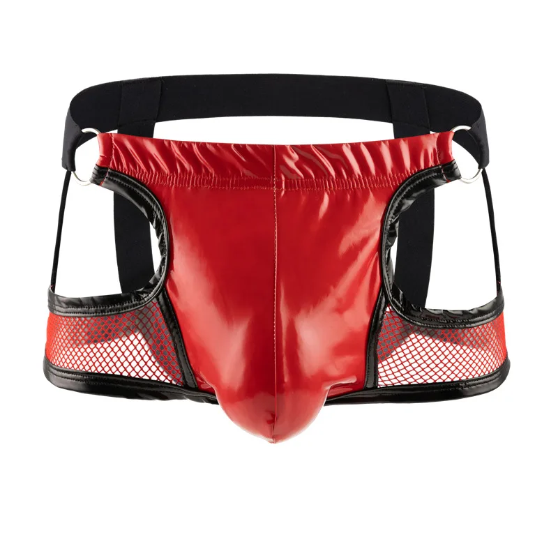 Mens Jockstraps Mesh Faux Leather Underwear Man Transparent Pouch Panties Lingeries Erotic Penis Ring Underpants Gay Jock Strap