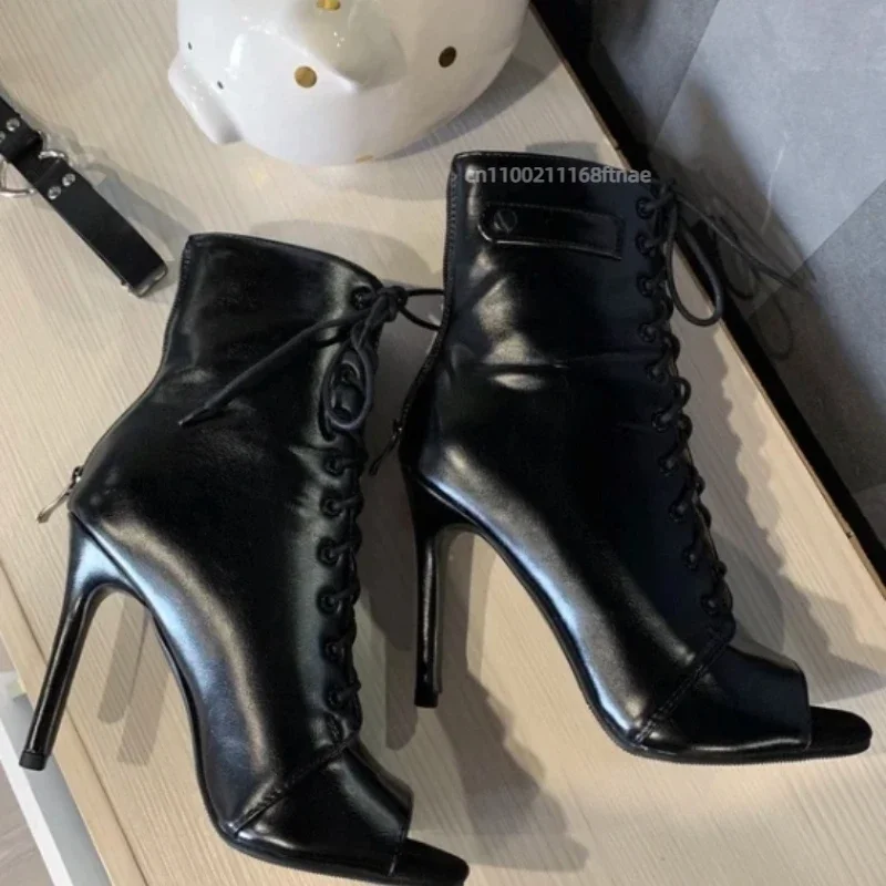 Damen-Tanzstiefeletten mit Fischmaul-Design, Schnürung, Ausschnitten, schmalem Absatz, für Frühling und Sommer, Jazz-Party, Aufführung – Detail 2