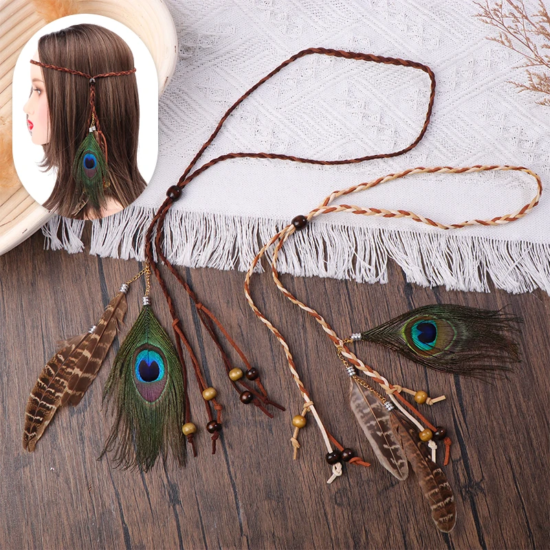 Retro Boho Peacock Feather Braided Rope Headband Hairband Women Headgear Feather Headdress Indian Headwear Hair Accessories Gift