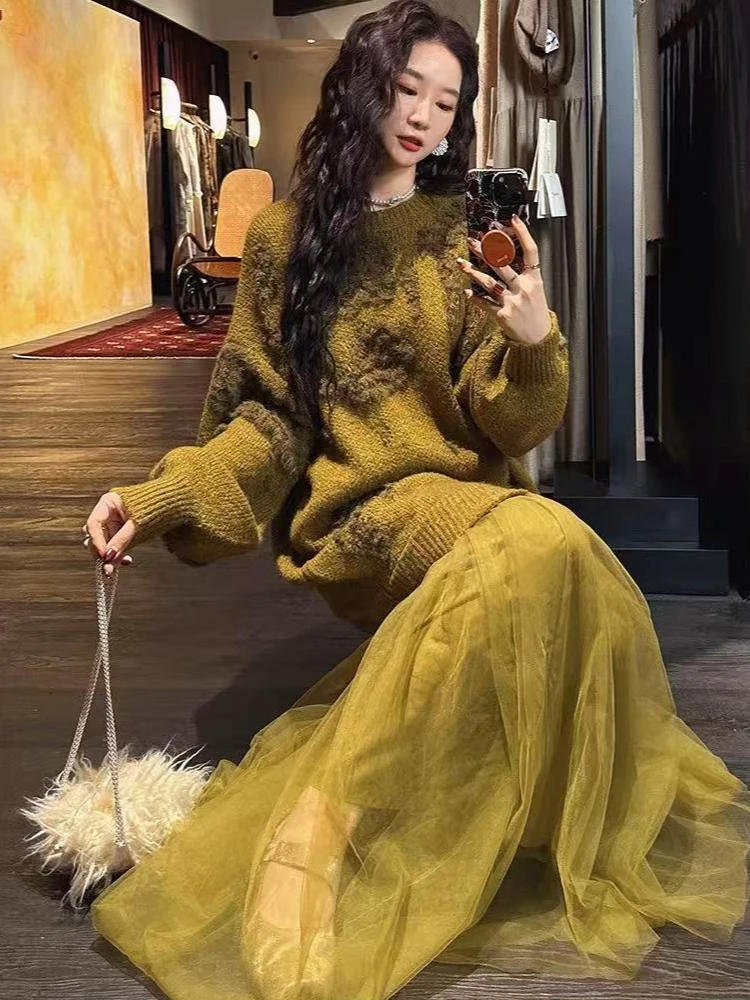 2026 فستان أخضر محبوك فستان المرأة خريف شتاء جديد منتصف طول خياطة الثقيلة سوبر الجنية فستان سترة