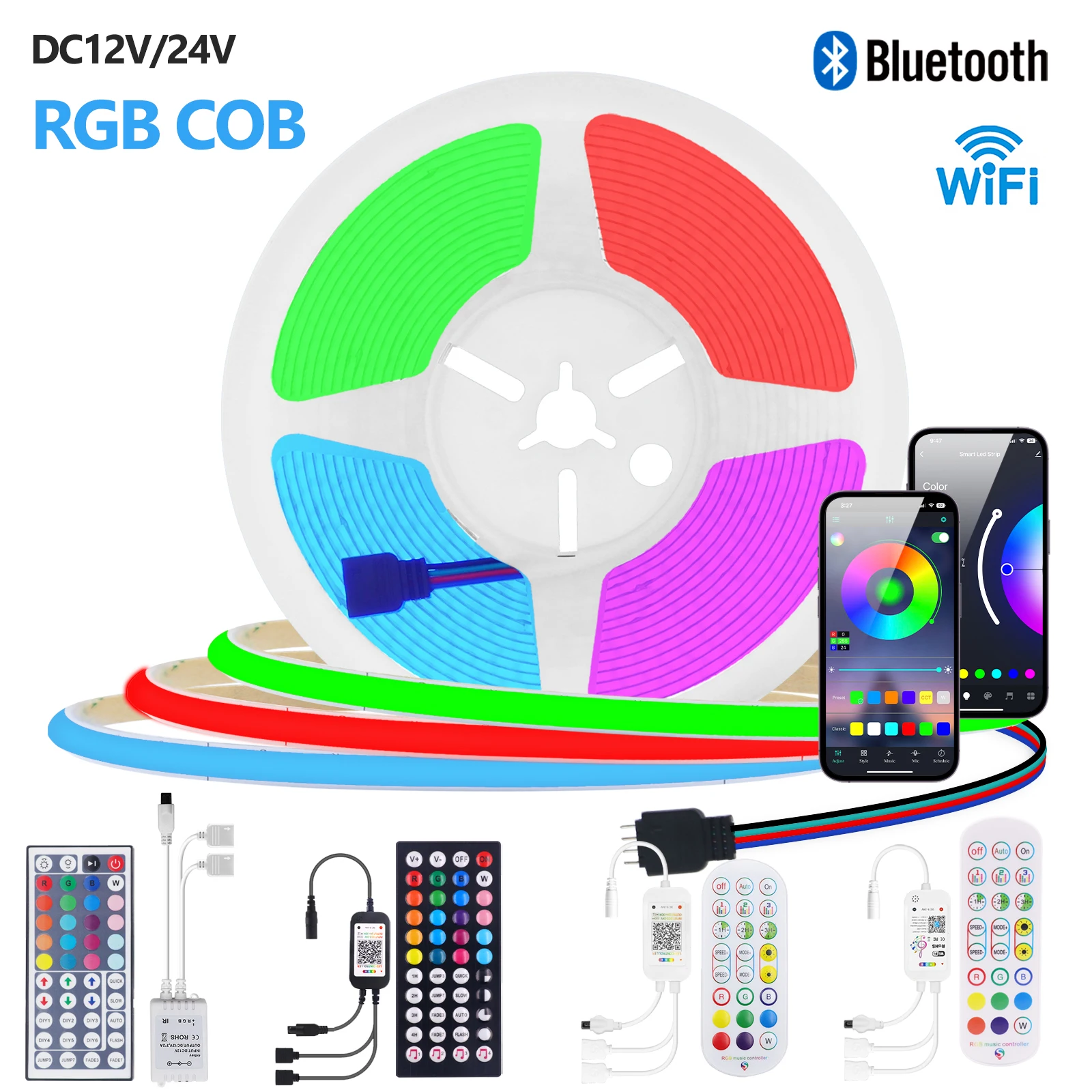 12V 24V RGB COB LED Strip Light WIFI Bluetooth APP Control Flexible Ribbon Tape 576Leds/m FOB LED Lights for Room Decor 0.5m-5m