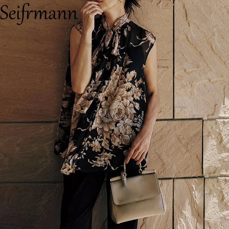Seifrmann conjunto de seda preto perspectiva impressa sem mangas férias praia acampamento conjunto de vestido de moda feminina