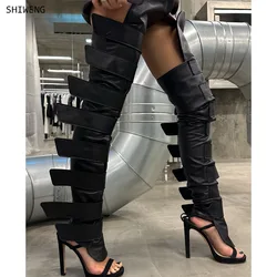 Black Buckle Women Over Knee Boots Sexy Punk Style Belt Buckle 10/12cm High Heel Sandals Over The Knee Boots Size 44