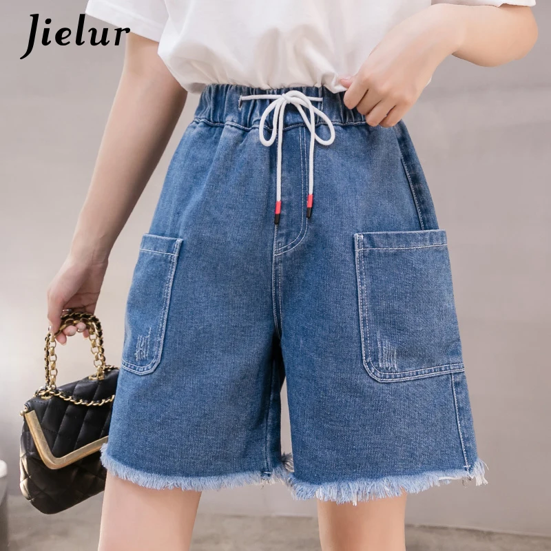 Women's Denim High Waist Drawstring Jeans Female Tassel Loose Summer Straight Short Jeans for Girl Pocket S-5XL Size