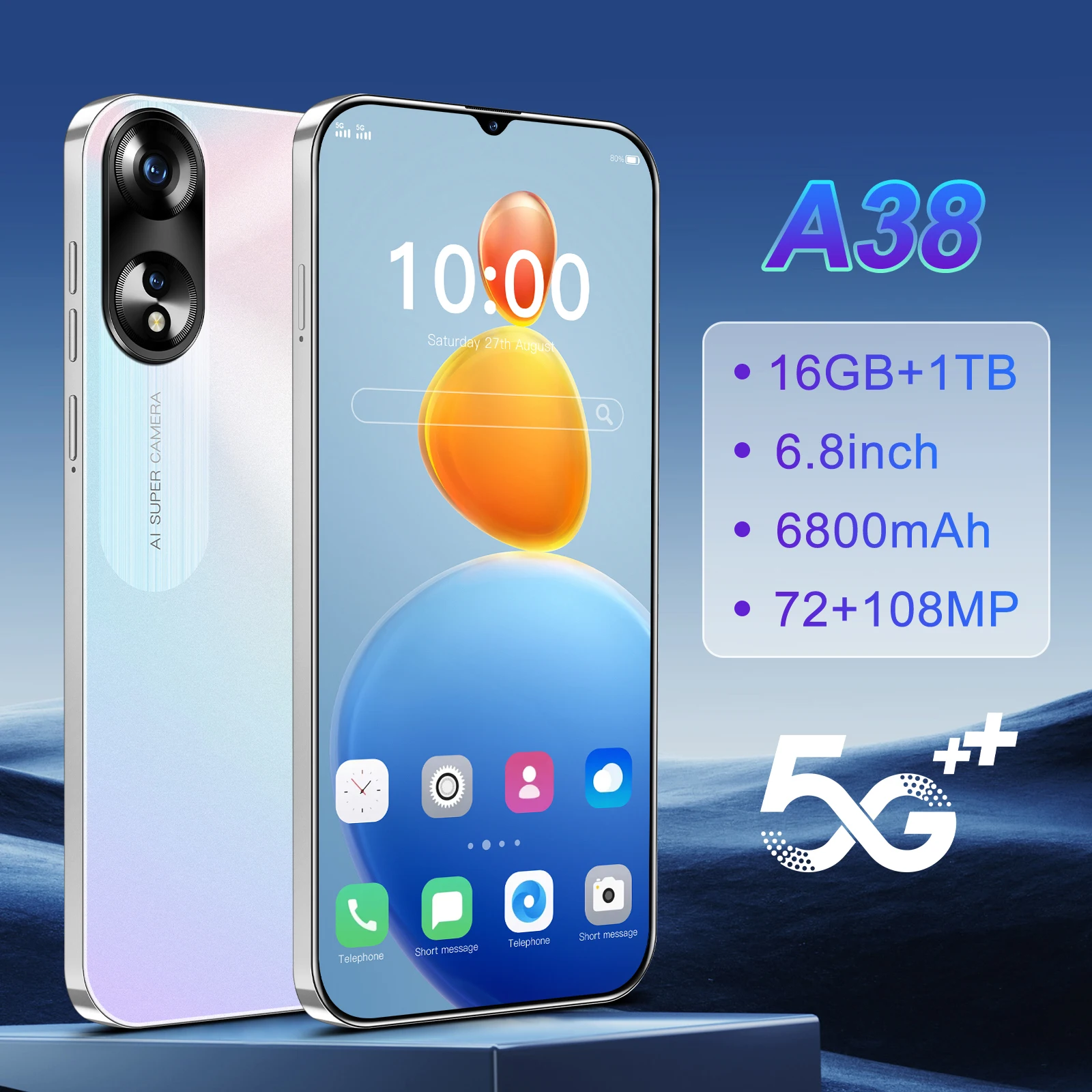 Cellphones A38 6.8Inch 4G 5G Face ID Smartphone Original 72MP+108MP Mobile Phones 6800mAh Android 14 Global Version Cell Phone