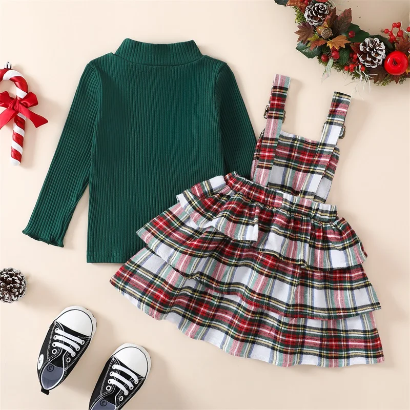 1-5T Kids 2-Piece Girls Dress Christmas Outfit  Solid Color Ribbed Turtleneck Long Sleeve Top + Plaid Ruffle Dress Set Green Red