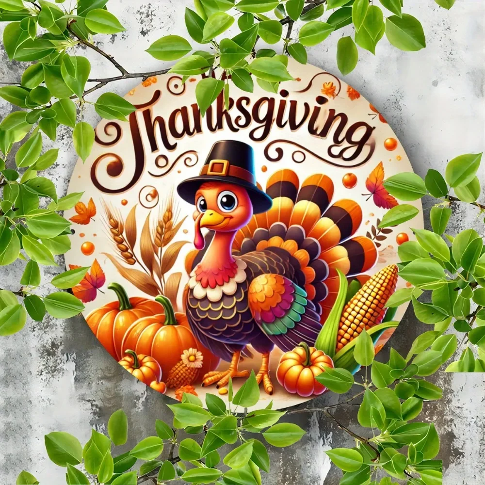 Metallschild „Thanksgiving Turkey“ – attraktive bedruckte Wandkunst aus Eisen, rundes Urlaubsschild für Bar, Café, Küchendekoration