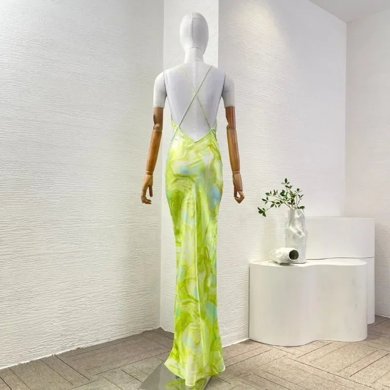 Robe élégante sexy à imprimé floral vert pour femmes, dos nu, dos croisé, fibre maxi, haute qualité, nouveau, 2025