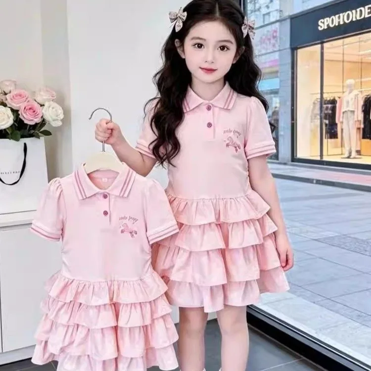 Teen Girls Polo Dress 2026 Summer Kids Cartoon Embroidery Tiered Ruffle Cake Dress Children Casual Princess Dresses 3-10 Years