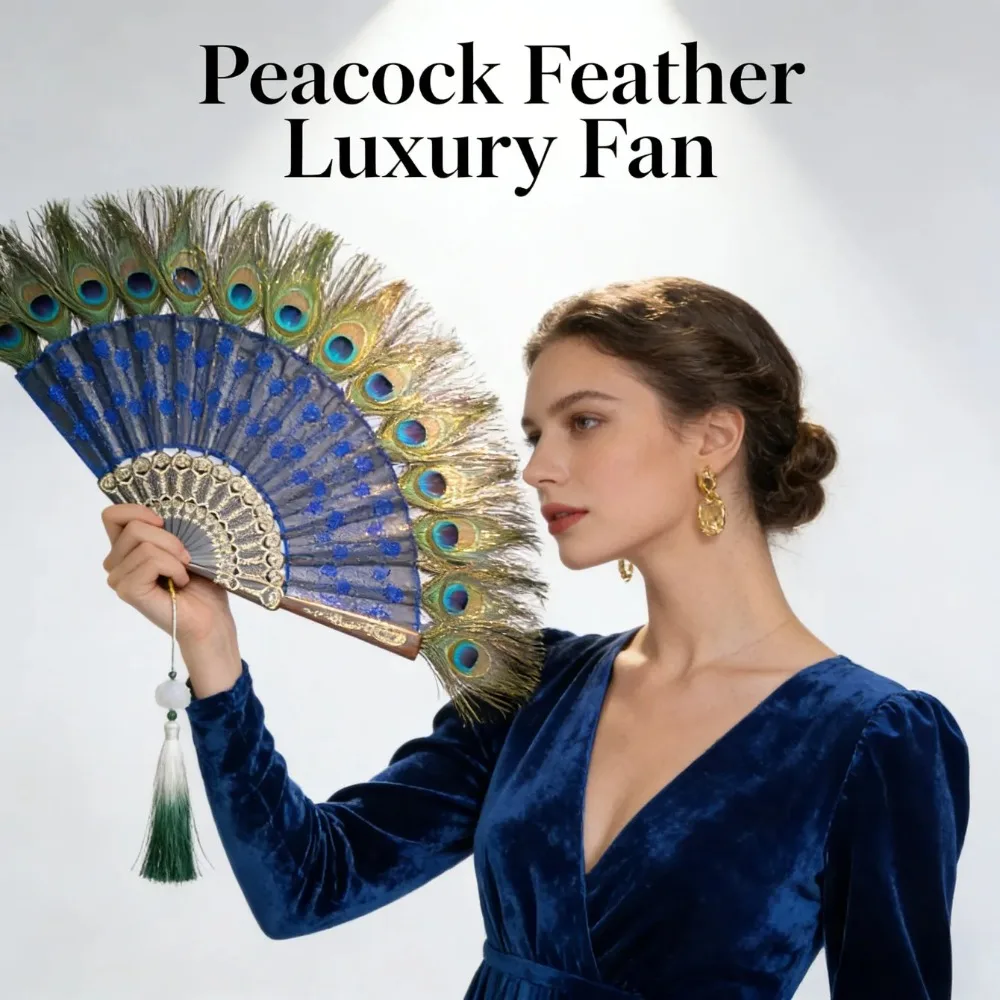 Elegant Peacock Feather Fan with Lace Embroidery Black Rod Hanfu Cheongsam Accessory Gift