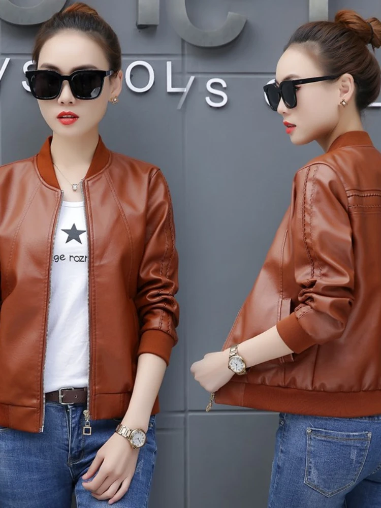 Women Biker Jacket New 2020 Spring Autumn Slim Long Sleeve Zipper Black Faux Leather Coats Female Outwear Ladies Plus Size Coat