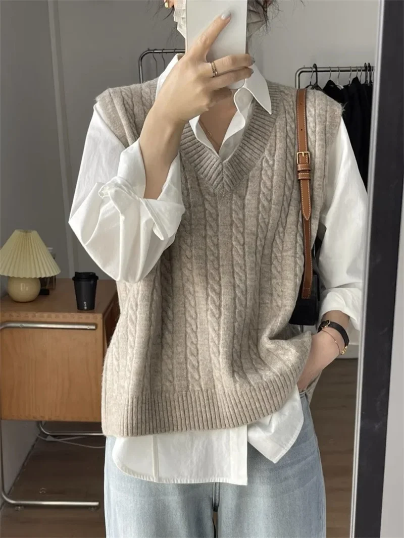 Sleeveless Sweater Vest Women Clothing Loose V Neck Pullover Jumpers Knitted High Street Solid Autumn Spliced Slight Strech