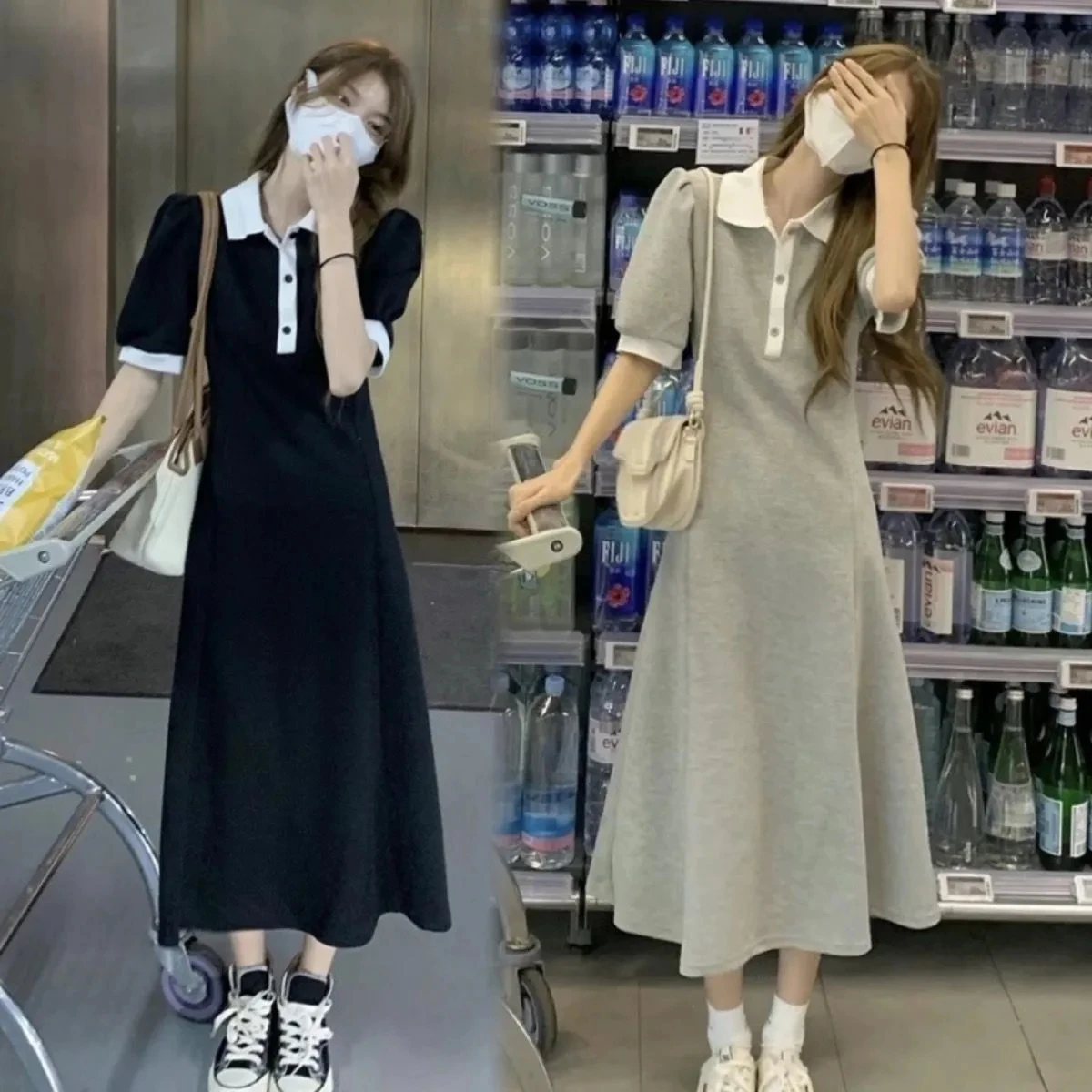 Polo Collar Color Blocked Dress 2025 Summer New Women's Temperament Mid Long Style Waist Slimming Short Sleeved A-line Skirt
