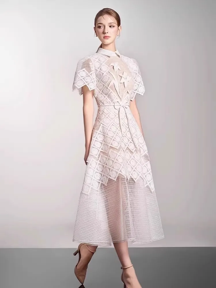 Abiti a rete con fiori 3D di alta qualità Primavera Donna Risvolto a maniche corte Abito grande altalena Abito estivo a vita alta con cerniera al ginocchio