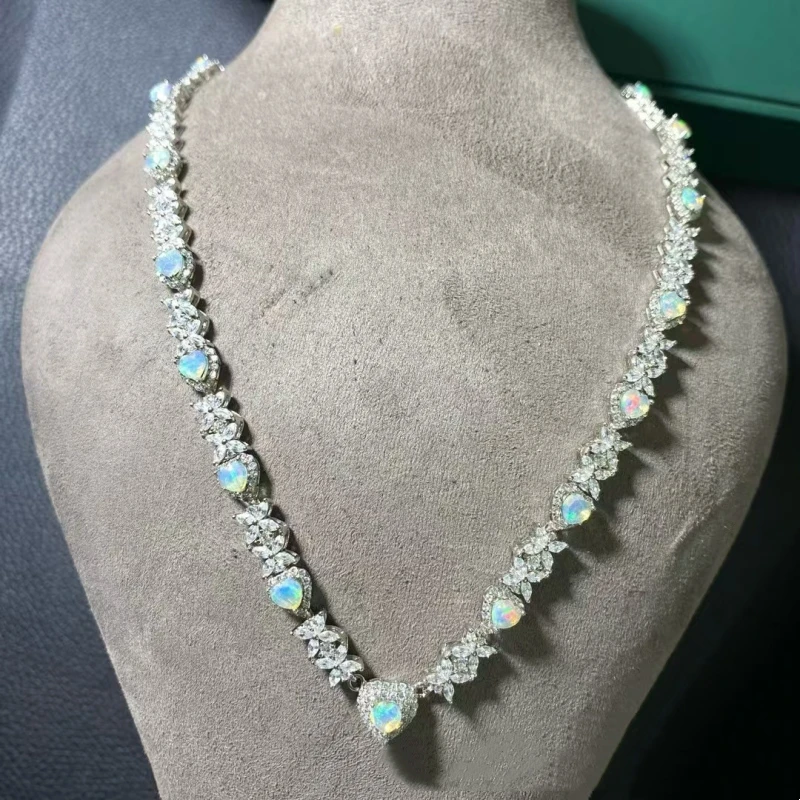 Bellux Pure Natural Opal Necklace Luxury Evening Dress Accessories Full of Fire Color 925 Silver Material Necklace